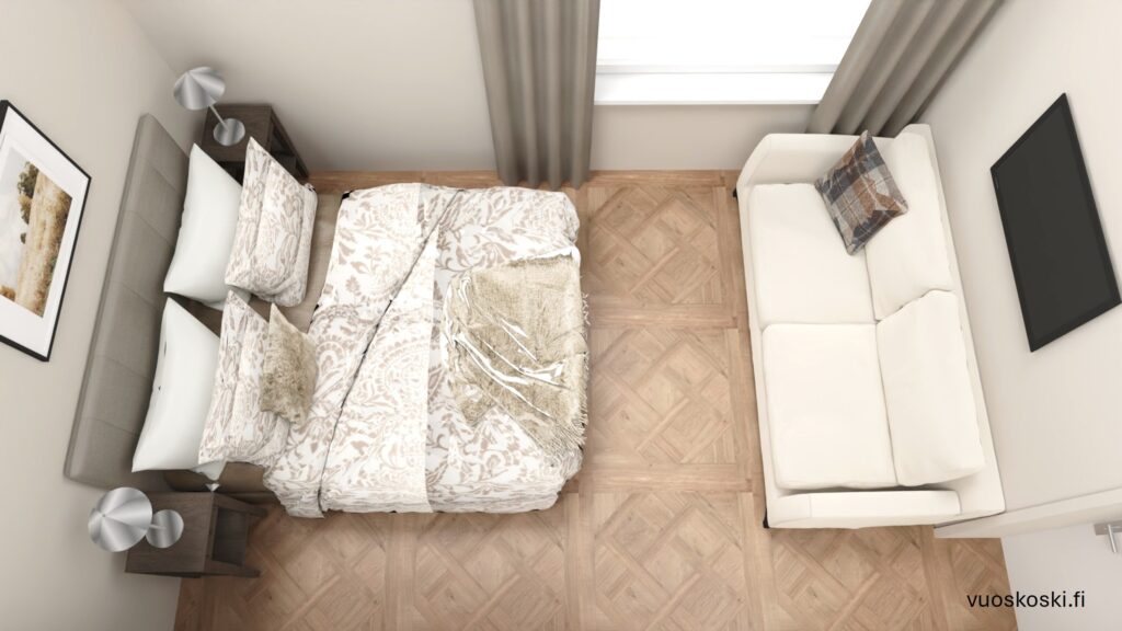 makuuhuoneen 3d-kuva jossa ylellinen ja rauhallinen tunnelma